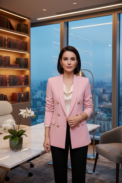 Women’s double-breasted long-sleeve top with button cuffs, light pink with gold buttons