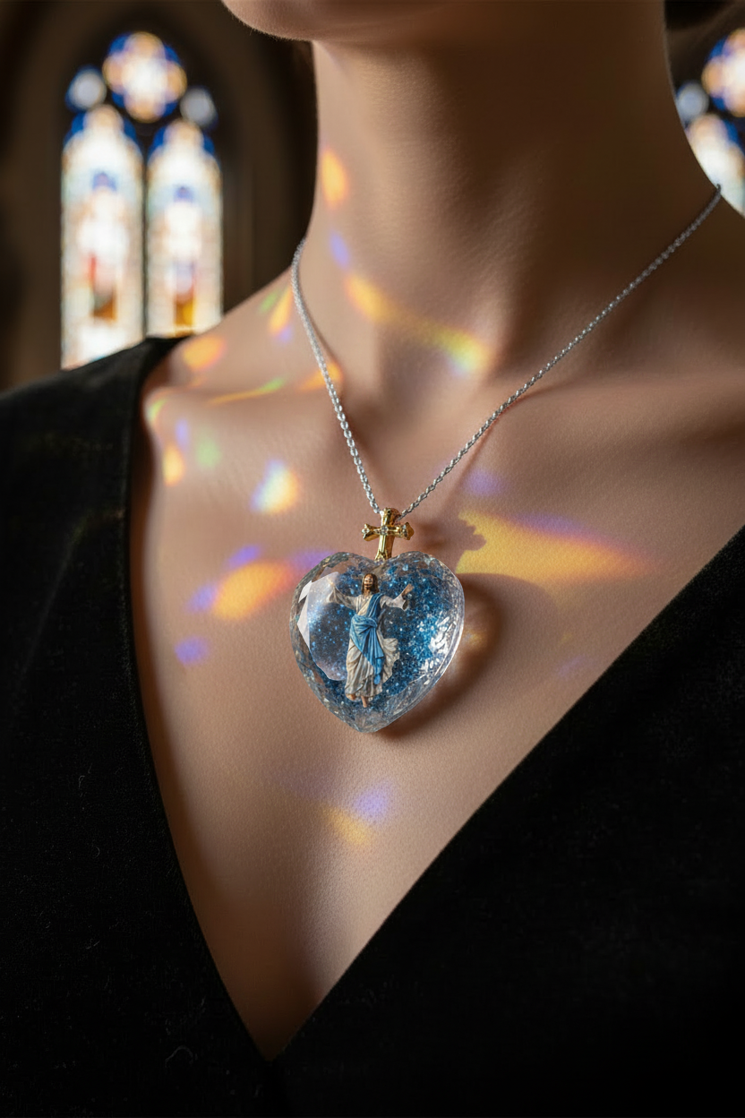 Close-up: blue crystal heart pendant with gold cross charm on a silver chain