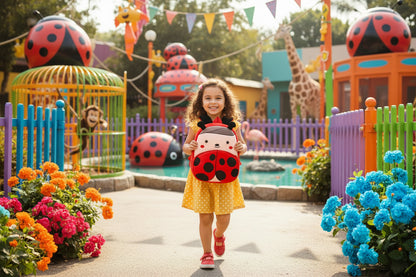 Ladybug plush backpack with red body and black dot pattern