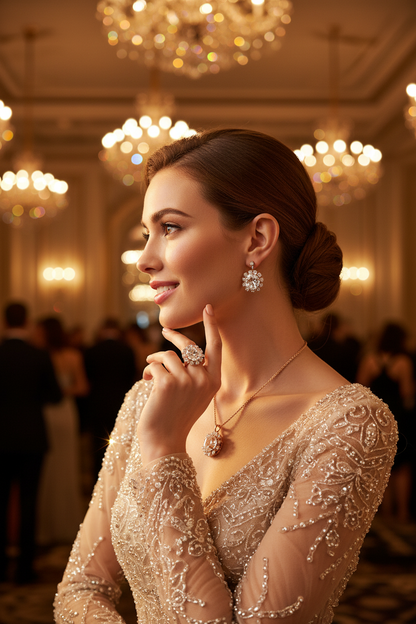 Sparkling gold-tone drop gemstone necklace with stud earrings and matching ring