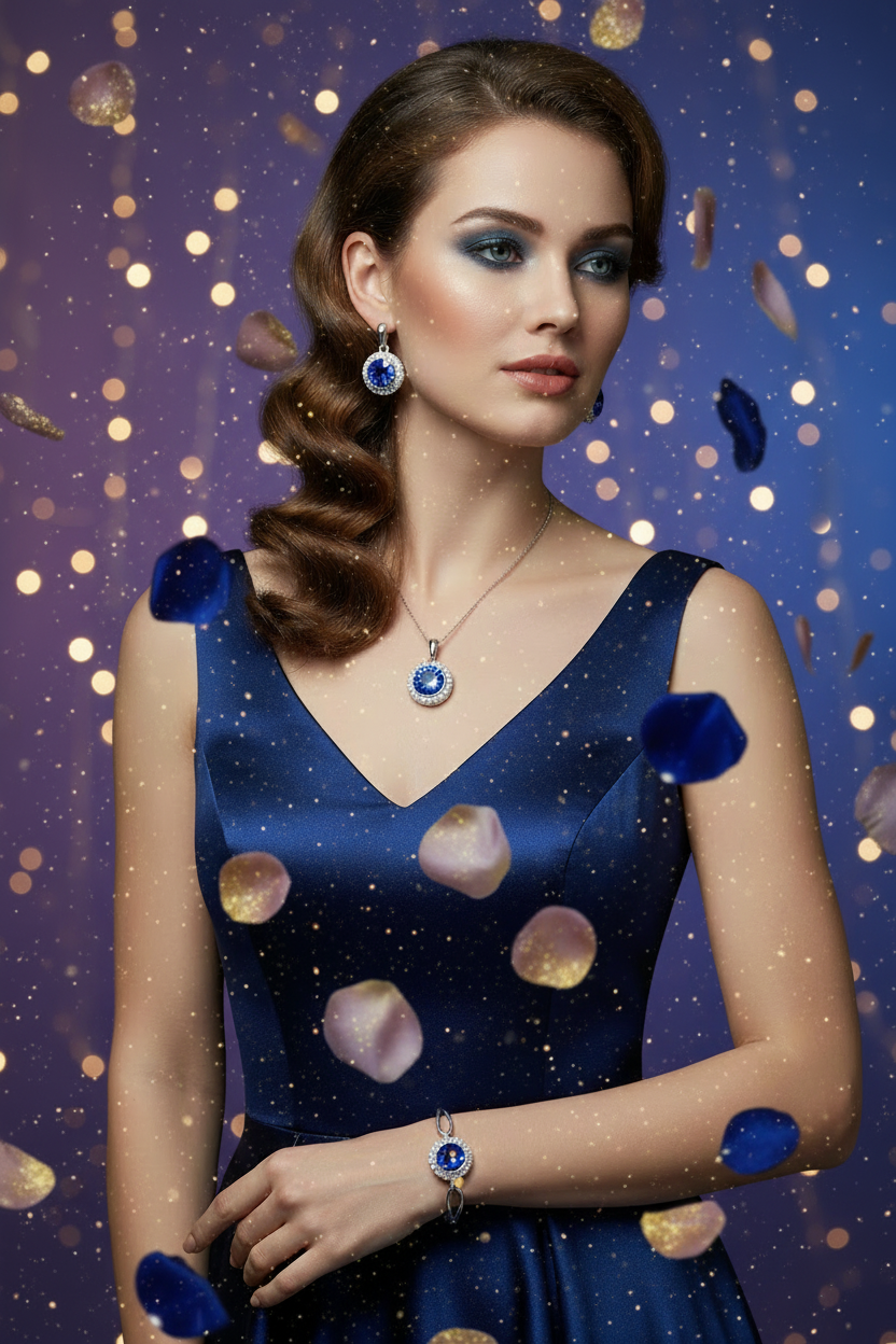 Blue gemstone jewelry set with pendant necklace, drop earrings, and bracelet