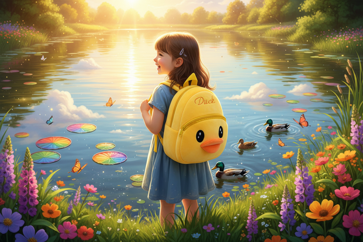 Plush toy schoolbag, yellow duck-shaped backpack with big cartoon eyes and straps