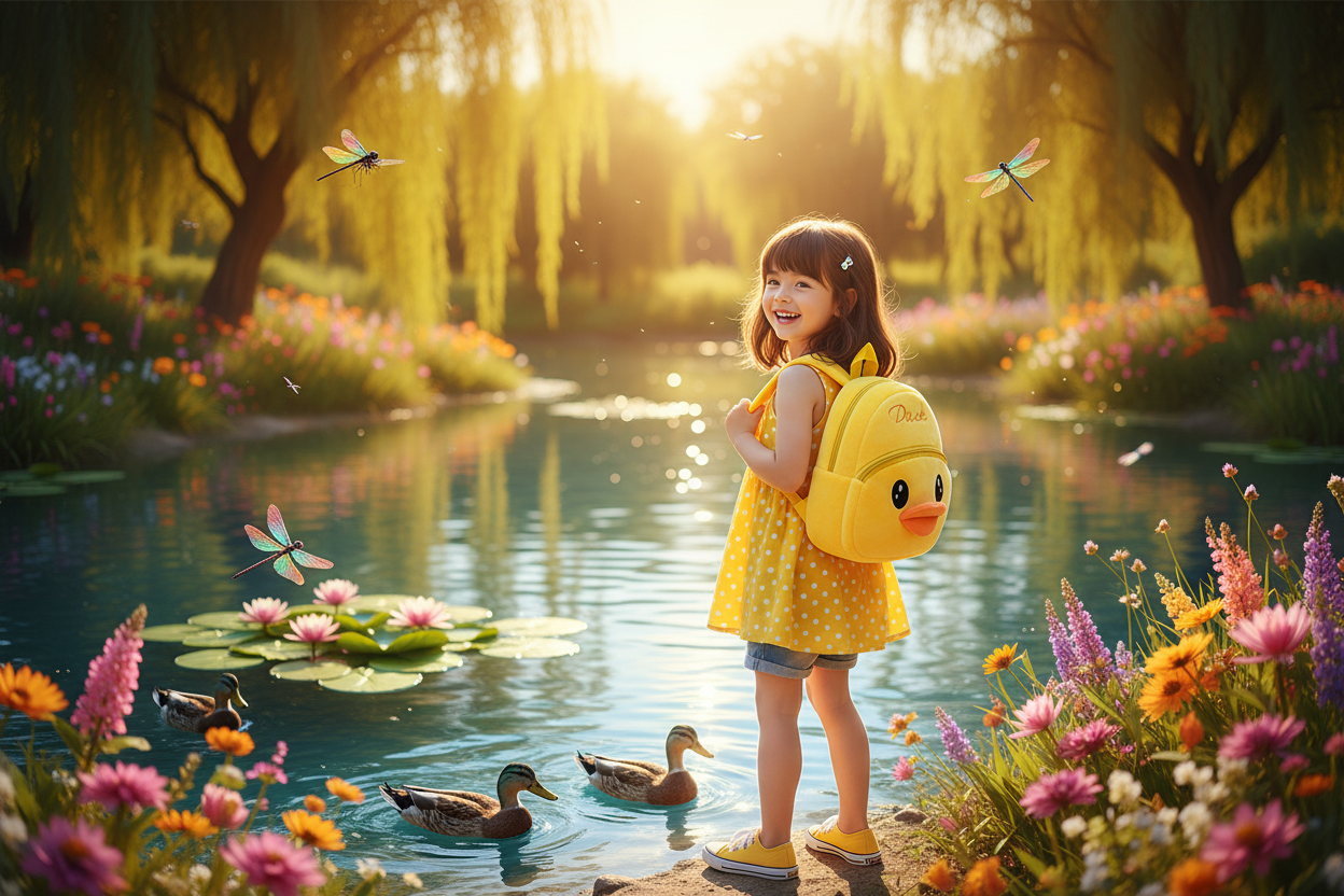 Yellow plush animal schoolbag with duck-shaped front and side carrying handle