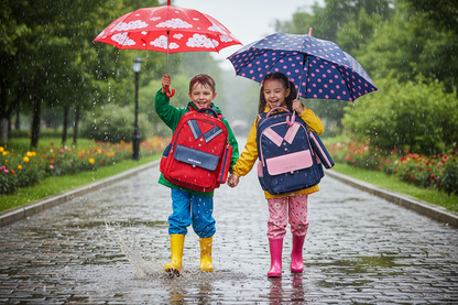 Children's waterproof backpack set: red and navy with pink front pocket, front view