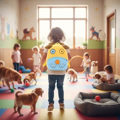 Yellow plush dog-face backpack with round blue eyes and small ears, front pocket