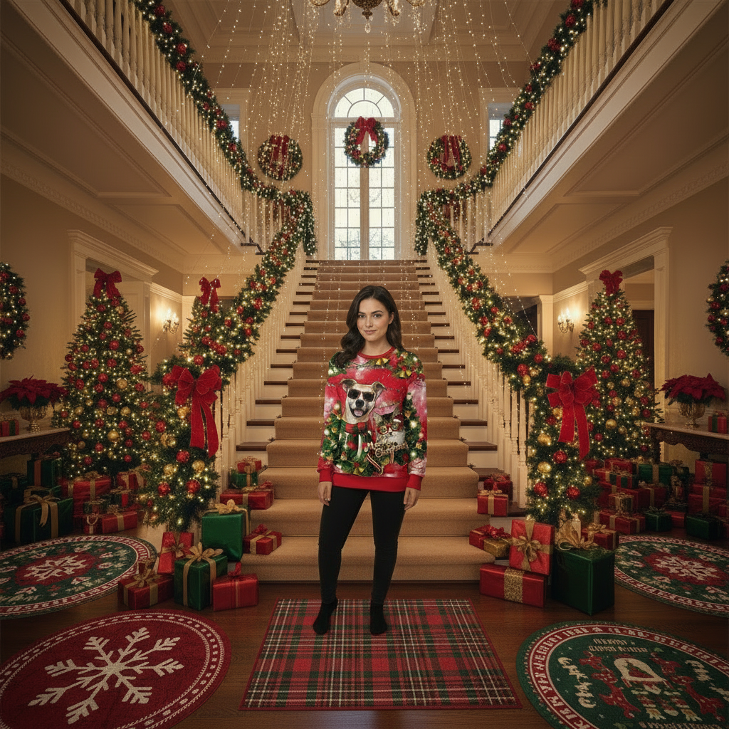 Christmas Dog 3d Digital Printed Round Neck Pullover Sweater