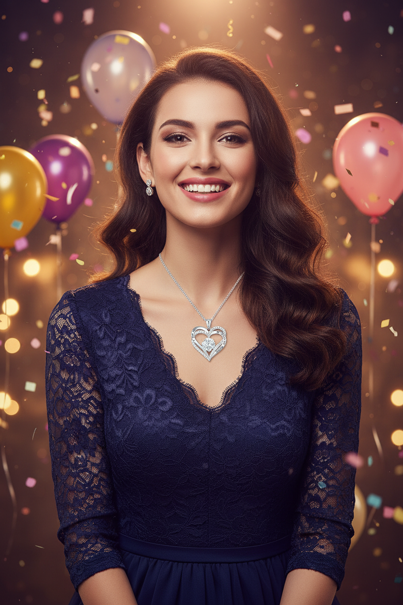 Silver heart pendant necklace with blue gemstone center on a delicate chain