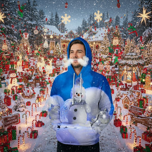 Light blue Christmas hoodie with hood and cute snowman graphic with button eyes