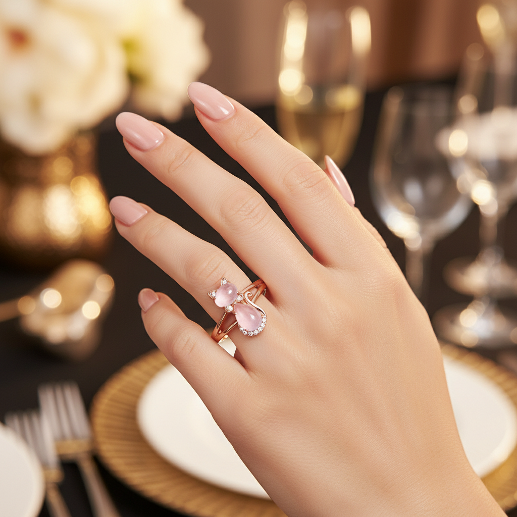 Rose gold cat ring with pink crystal and halo rhinestones, shown with matching bands