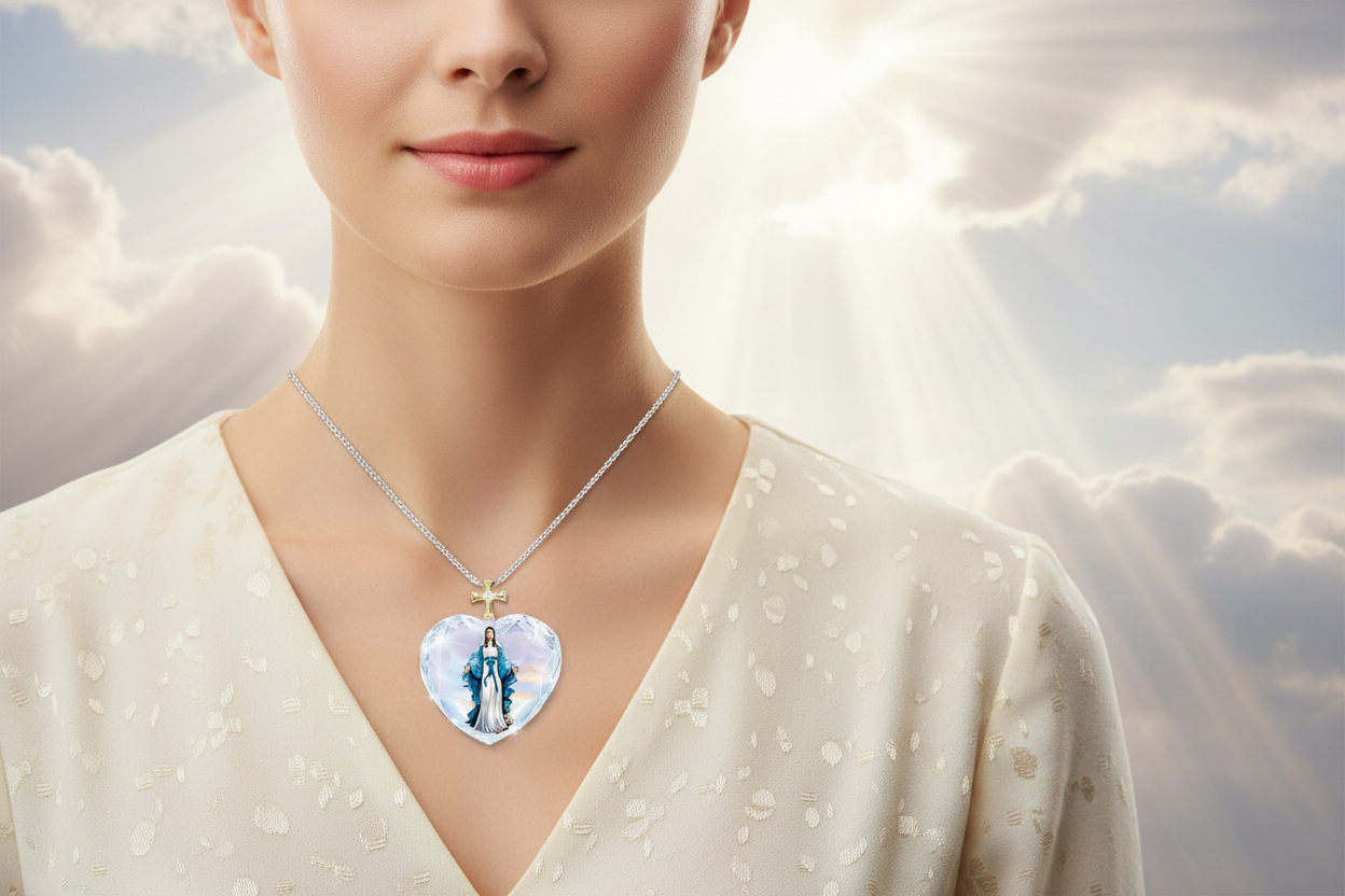 Heart pendant necklace with blue figure, silver chain and gold cross