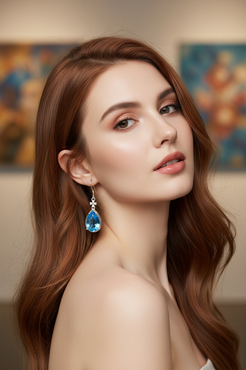 Blue teardrop gemstone dangle earrings with silver-toned setting