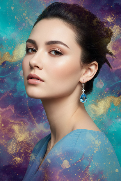 Blue teardrop gemstone dangle earrings with decorative silver-toned top
