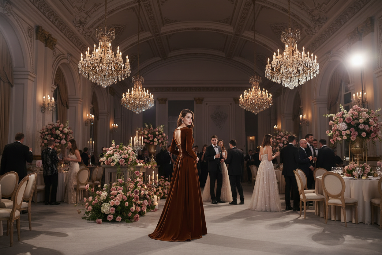Brown velvet long-sleeve host dress with long skirt and elegant, structured neckline
