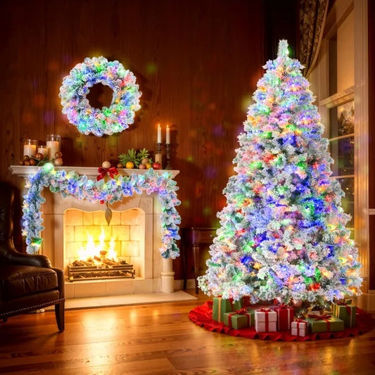 6FT Snow Flocked Christmas Pre Lit Set With Tree Garland Wreath, Artificial Hinged With Colorful LED Lights8 Lighting Modes, Pine Cones