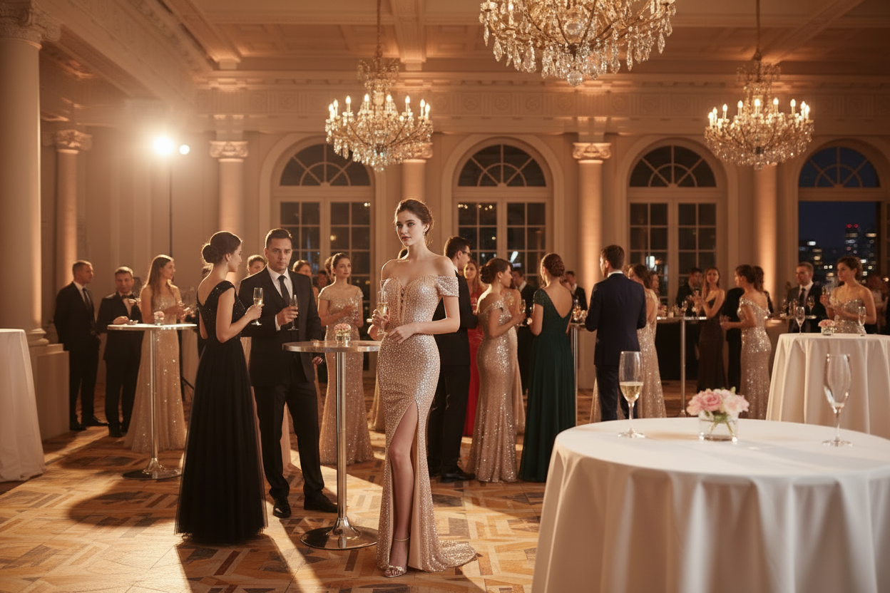 Champagne-gold sequin evening dress, fitted with long slit and round illusion neckline.