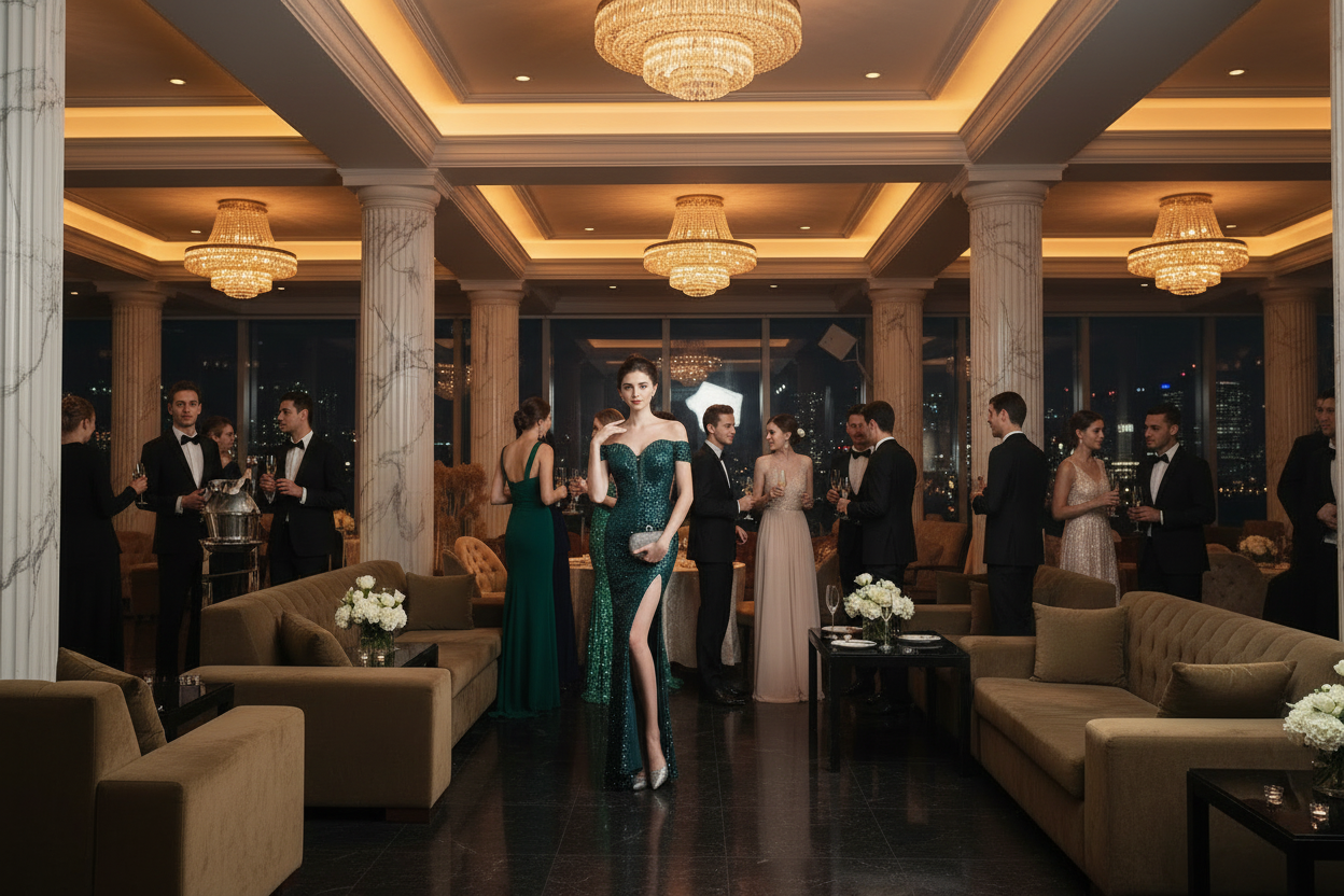 Teal-green sequin evening dress, off-shoulder bodice, fitted mermaid style with thigh slit.
