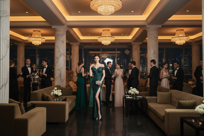 Teal-green sequin evening dress, off-shoulder bodice, fitted mermaid style with thigh slit.