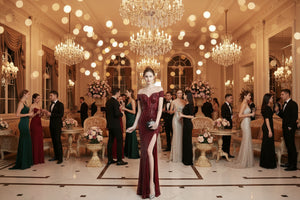 Burgundy sparkling evening dress with off-shoulder neckline and front thigh slit