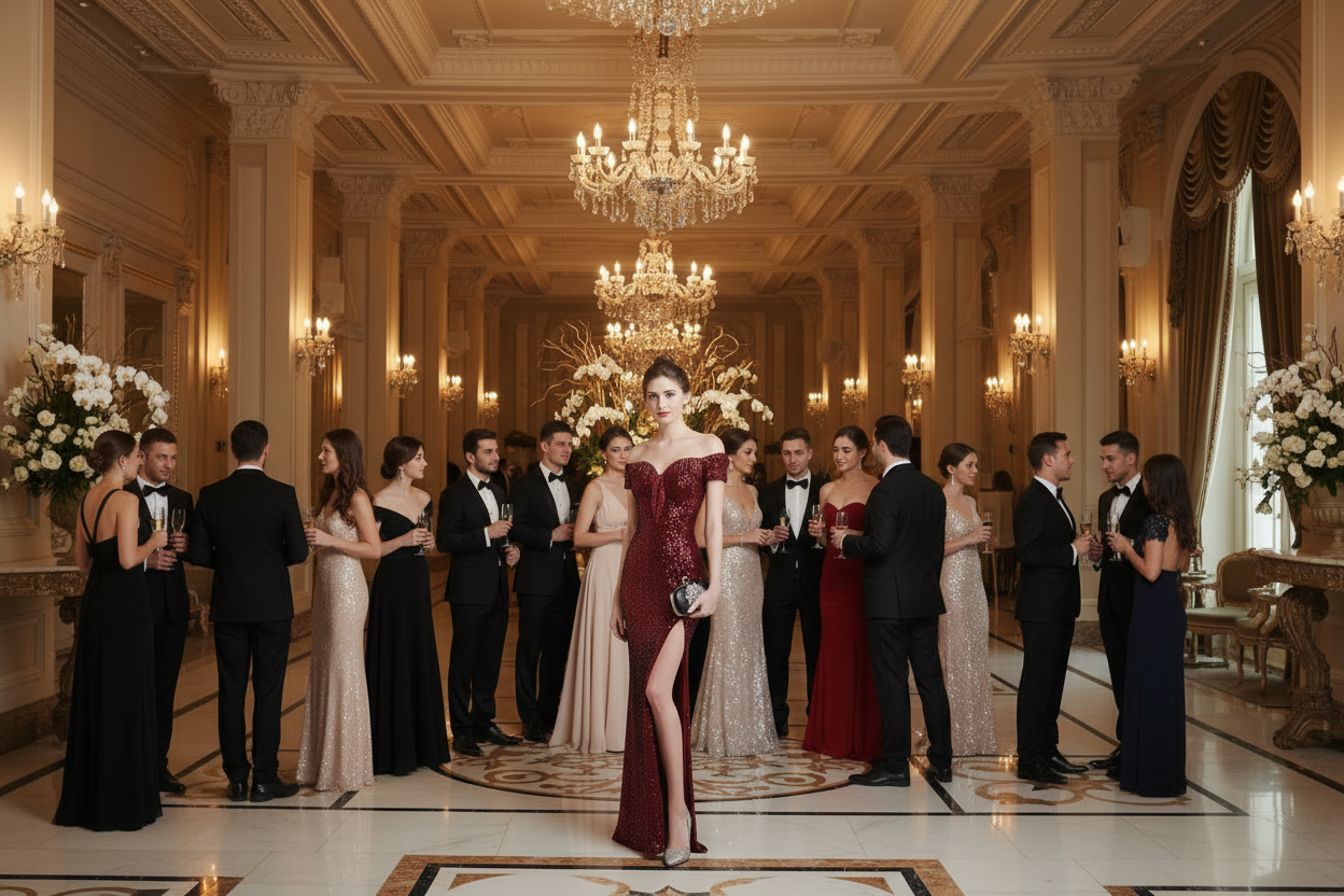 Burgundy sequin evening dress, off-shoulder sweetheart bodice, fitted mermaid with long slit.