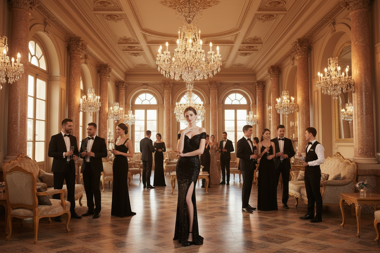 Black sequin evening dress, strapless sweetheart bodice, fitted mermaid with long side slit.