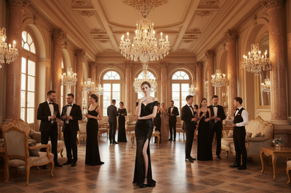 Black sequin evening dress, strapless sweetheart bodice, fitted mermaid with long side slit.