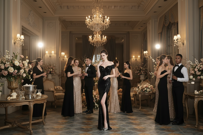 Black sparkling evening dress with off-shoulder neckline and front slit