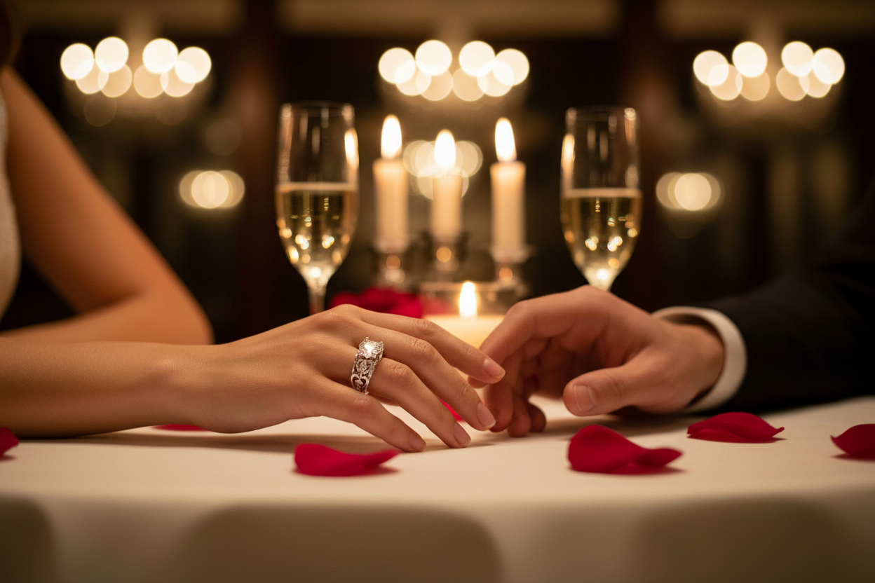 Heart-shaped engagement ring with pink-red center stone on silver band, fingers together