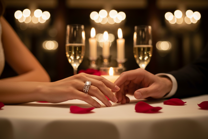Heart-shaped engagement ring with pink-red center stone on silver band, fingers together