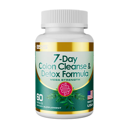 Colon cleanse supplement bottle with white cap, green-gold label, and 60 capsules text
