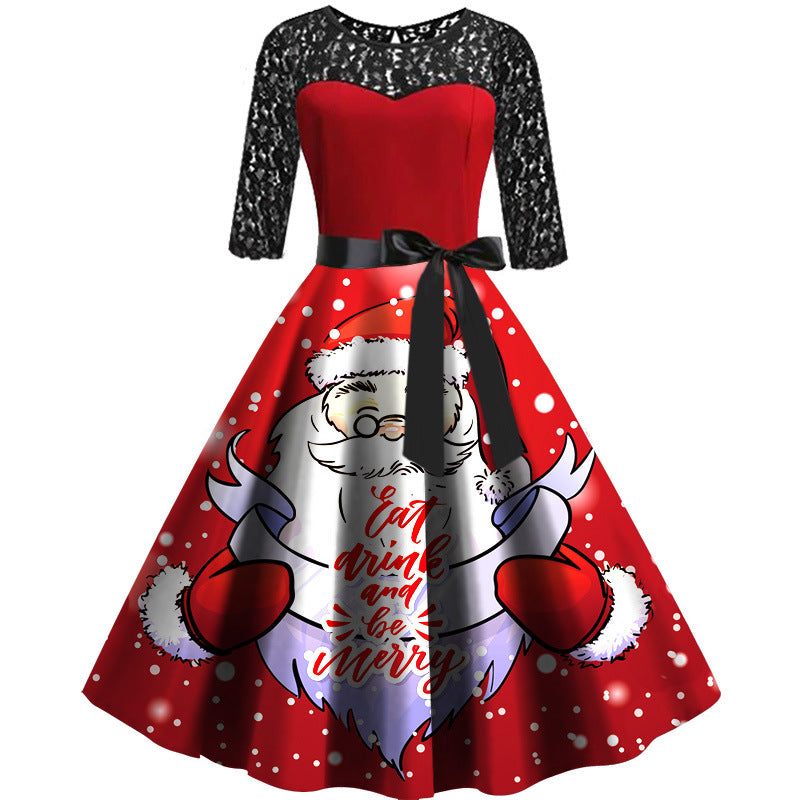 Christmas Lace Stitching Mid-length Dress