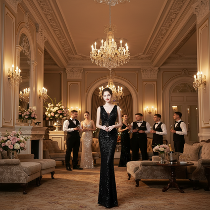 Black sequined sleeveless evening gown with V-neck and mermaid fishtail hem