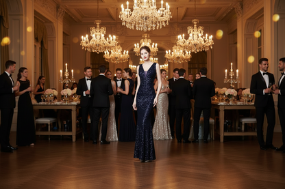 Navy blue sequined fishtail evening gown with sleeveless V-neck and fitted waist