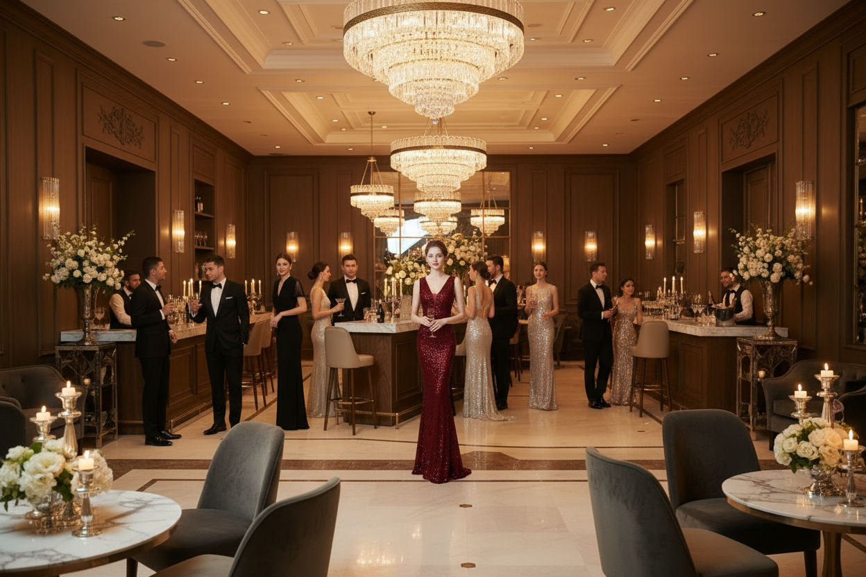 Deep red sequined fishtail evening gown with sleeveless V-neck and long tapered skirt