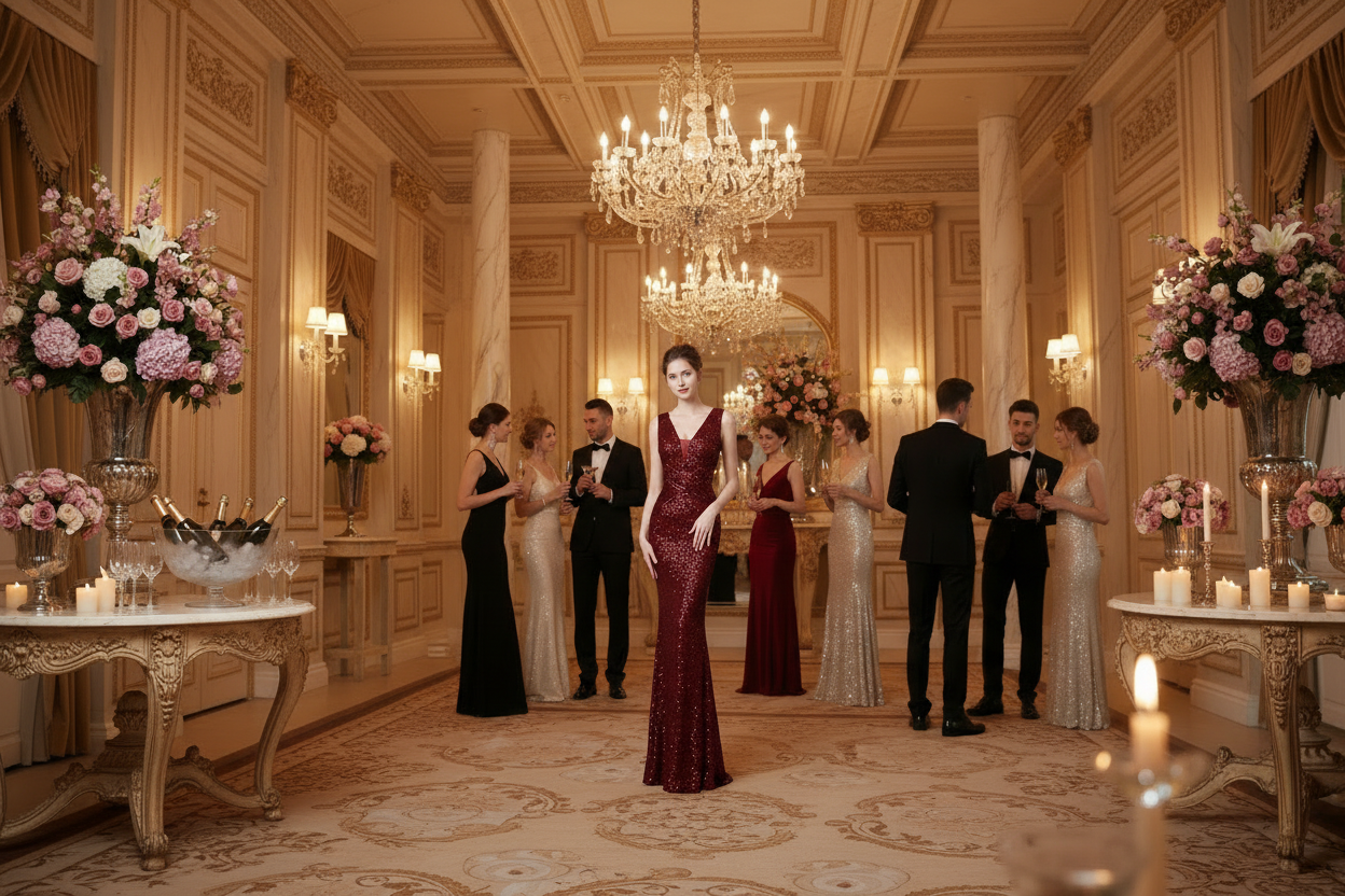 Burgundy sequined fishtail evening gown with sleeveless V-neck and tapered hem