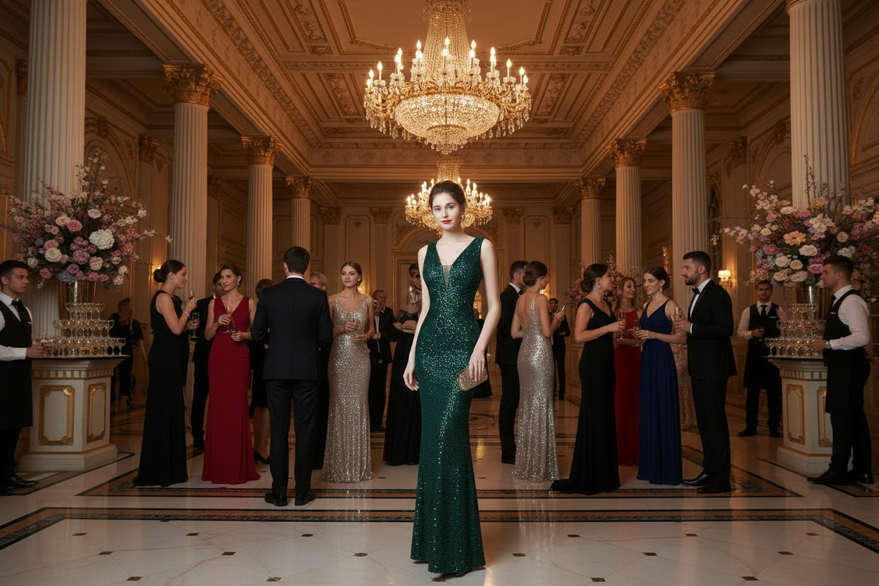 Teal green sequined fishtail evening gown with sleeveless V-neck and fitted skirt