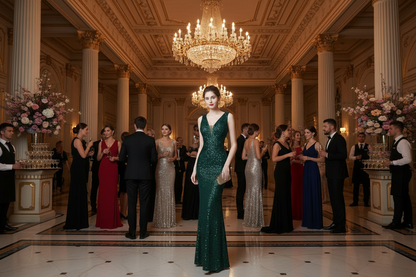 Teal green sequined fishtail evening gown with sleeveless V-neck and fitted skirt