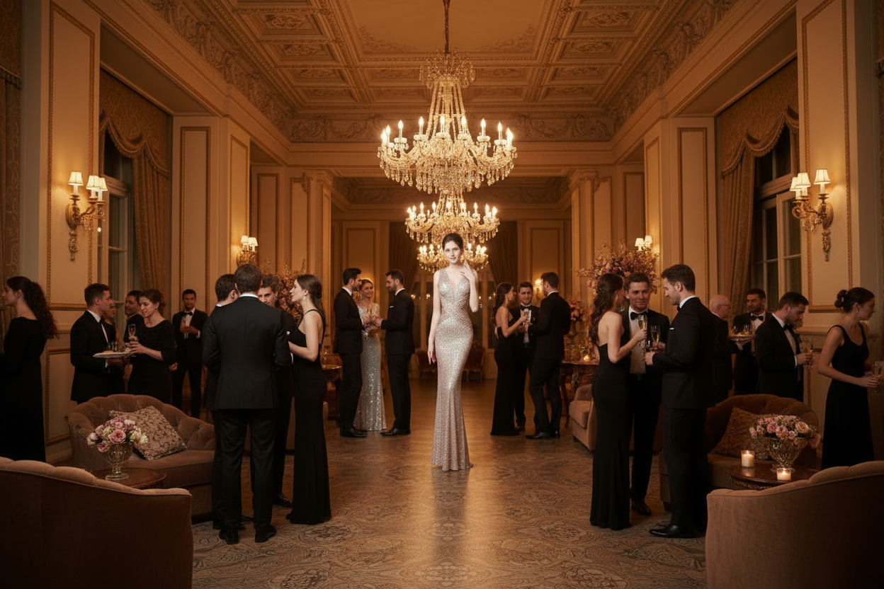 White sequined sleeveless evening gown with V-neck and long fishtail silhouette
