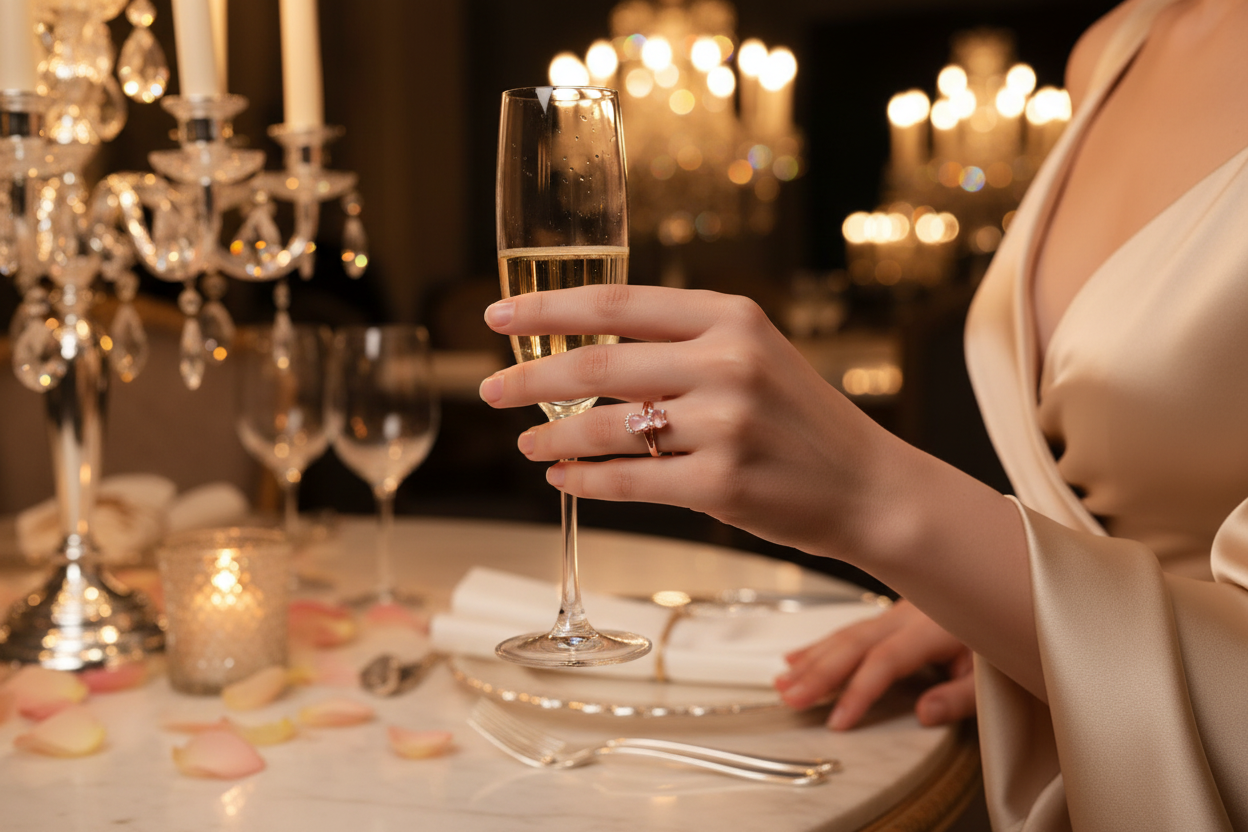 Rose gold cat ring with pink crystal centerpiece and matching band stones