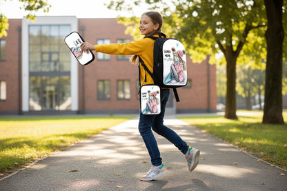 Three-piece printed student backpack set with pink character print and black edging