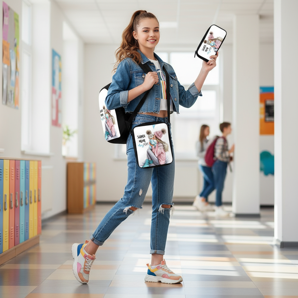 Three-piece printed student backpack set with pink girl print and white front pocket panel