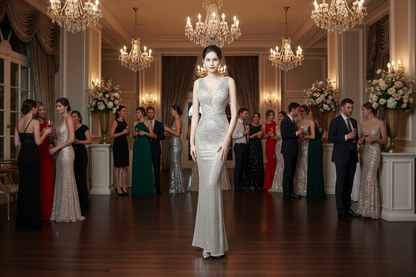 Silver sequined sleeveless evening gown with V-neck and fitted fishtail silhouette