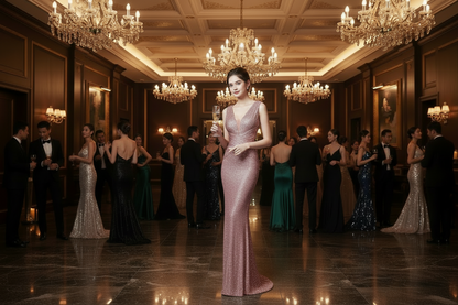 Pink sequined fishtail evening gown with sleeveless V-neck and fitted waist