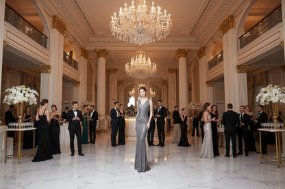 Silver sequined fishtail evening gown with sleeveless V-neck and long mermaid skirt