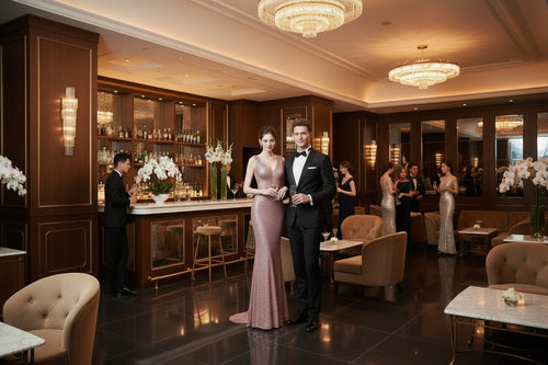 Sleeveless sequined evening gown with fitted fishtail silhouette, sheer illusion neckline.