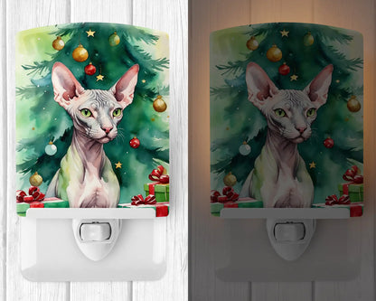 Donskoy Don Sphynx Cat By the Christmas Tree Ceramic Night Light