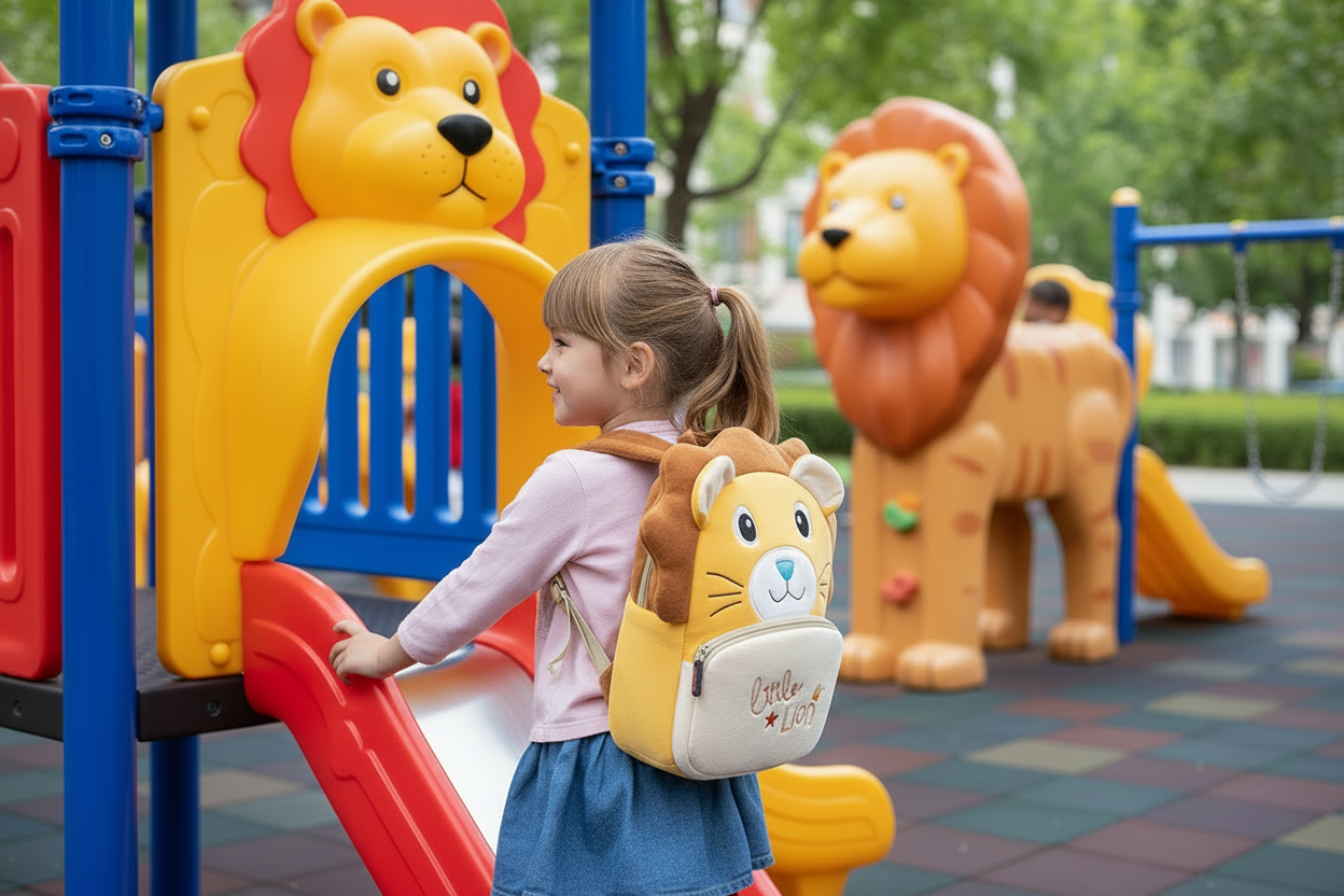 Yellow lion kids backpack with face applique, front pouch and padded shoulder straps.
