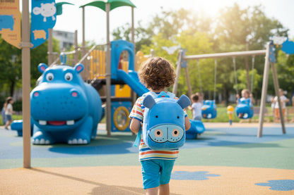 Blue plush animal backpack with stitched eyes and small ears
