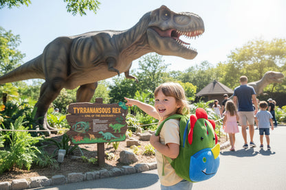 Green plush dinosaur backpack with red spikes and blue belly patch, adjustable straps