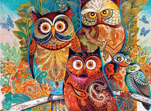DIY 5D diamond painting kit featuring colorful owls and patterned animals