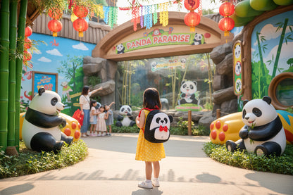 Panda plush backpack with red bow, black-and-white face, front zip, shoulder straps